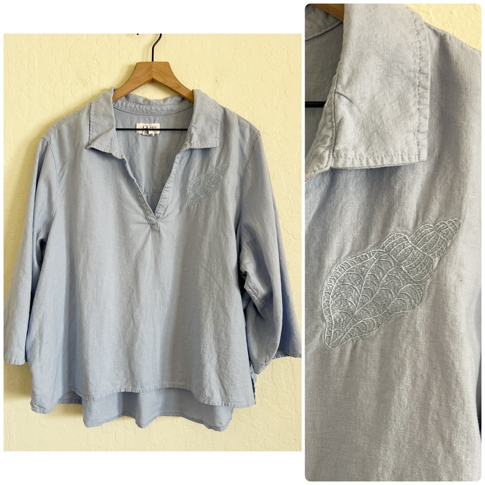 Calypso St Barth Linen Shell Embroidered Popover Blouse Top 3X Beach Coastal